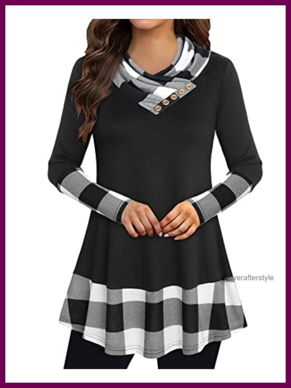 Cowl Neck Tunic Top Long Sleeve Plaid A-Line Blouse